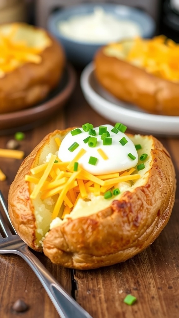 Air fryer baked potato topped with sour cream, cheese, and chives on a wooden table.